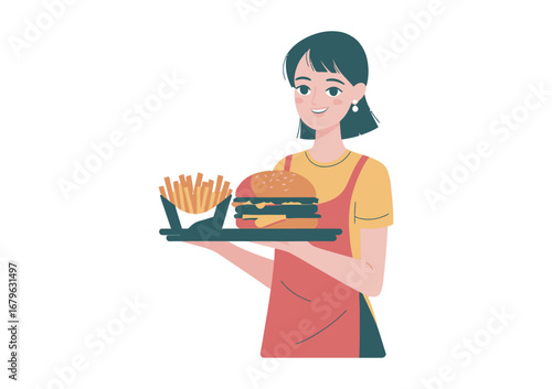 Waitress Serving a Burger and Fries - An Illustration of Food Service Worker