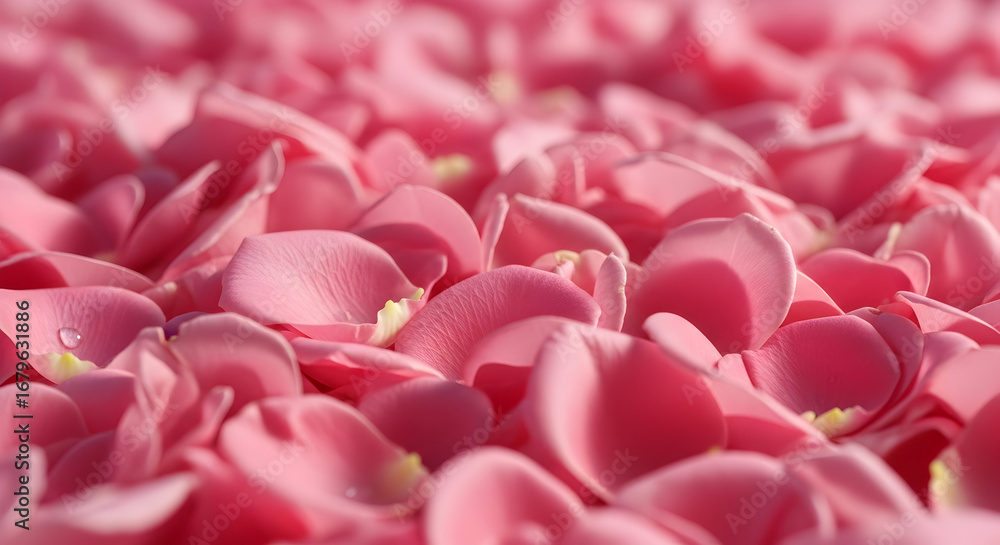 Obraz premium Close‑up bed of fresh pink rose petals — soft pastel floral texture for romantic backgrounds, wedding decor, and beauty product photography