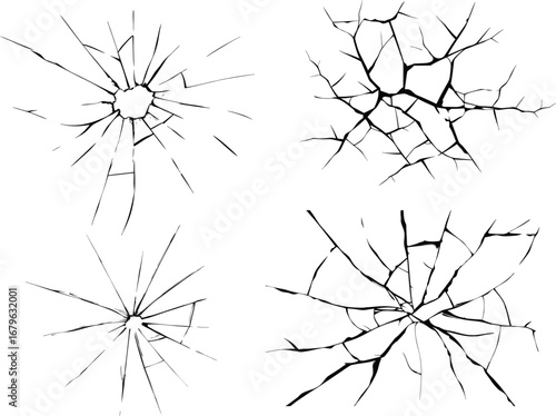 broken glass transparent vector illustration with radiating cracks in an abstract design. shattered glass texture with intricate cracks radiating from center, creating dramatic and chaotic pattern