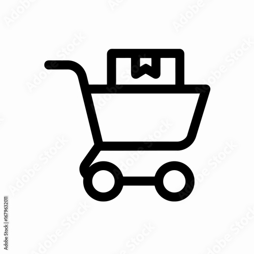 Flat black trolley with box icon on white background, ideal for ecommerce websites, shipping platforms, and online retail delivery tools.