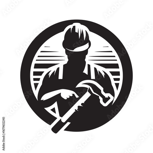 construction worker vector silhouette clip art logo design illustration. construction tools with worker icon set collections