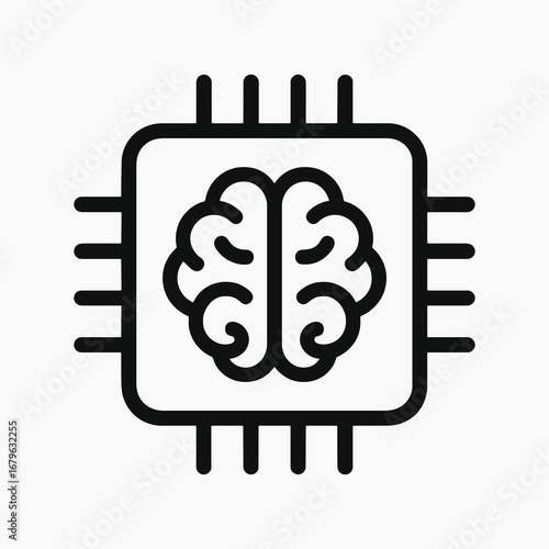 Black AI brain microchip icon in flat vector style, white background, perfect for IT apps, AI systems, and machine learning platforms.
