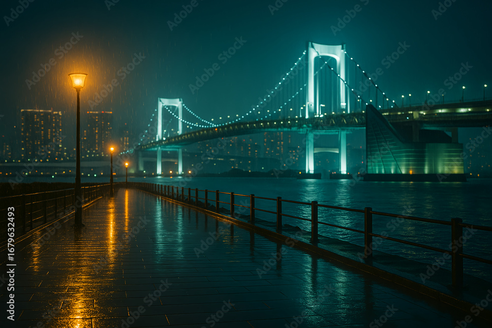 Fototapeta premium Rainy night boardwalk with glowing orange lamps and illuminated suspension bridge over city river skyline 