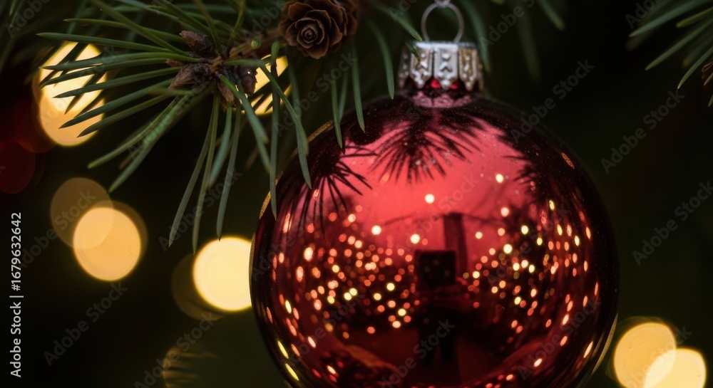 Obraz premium Festive Red Christmas Ornament Reflecting Twinkling Lights and Pine Needles