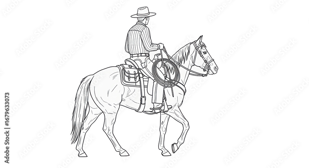 Fototapeta premium Isolated Cowboy Riding a Horse Line Art