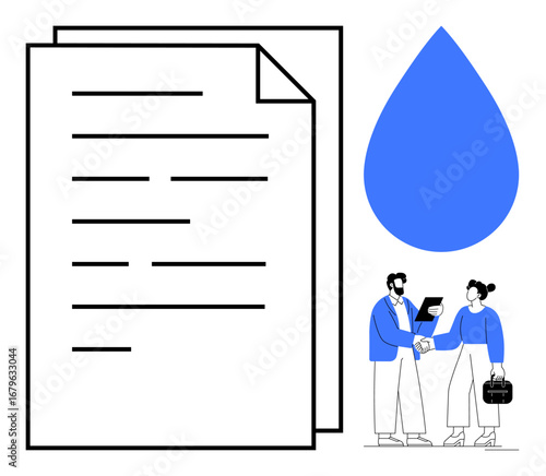 Collaboration scene with handshake, contract document, and blue water drop. Ideal for business deals, sustainability, partnerships, agreements, eco-consciousness teamwork and minimalism. Simple