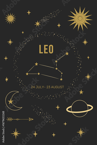 Leo Astrology. Regulus. Lion. stars, planets, moon. Illustration.  24 july - 23 august