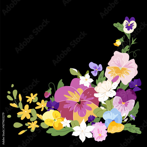 Vector illustration of a colorful pansy flower composition featuring multiple blossoms. Botanical illustration for floral, botanical projects, card, poster, textiles, wallpapers, and digital art
