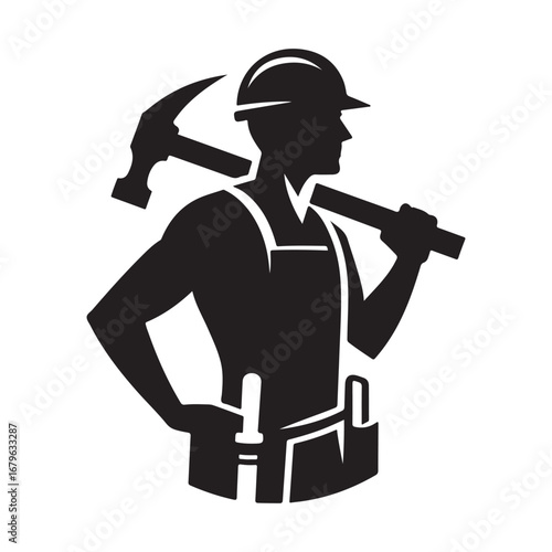 construction worker vector silhouette clip art logo design illustration. construction tools with worker icon set collections