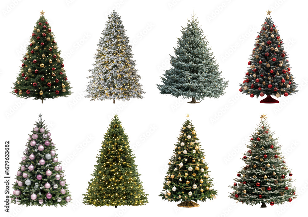 Obraz premium PNG Diverse festive Christmas trees displayed, element set on transparent background