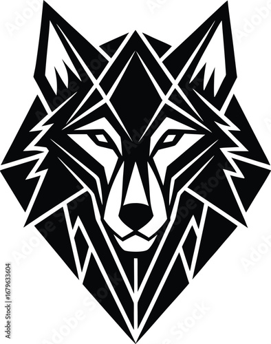 Vector art of a geometric, stylized wolf head in a sharp, angular black and white graphic design, conveying a sense of power and wildness, isolated on a