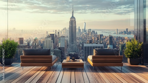 Wallpaper Mural Wooden patio furniture with city skyline view Torontodigital.ca