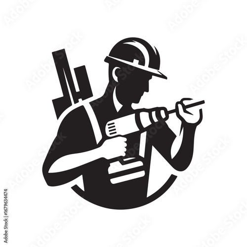construction worker vector silhouette clip art logo design illustration. construction tools with worker icon set collections