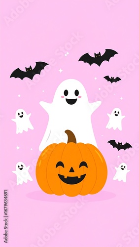 Cute ghost on a pumpkin, surrounded by bats and other ghosts