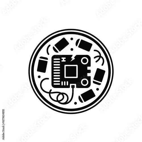 Damaged Computer Board with Cables Components and Connections Electronic Waste in Circular Configuration
