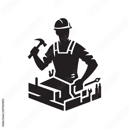 construction worker vector silhouette clip art logo design illustration. construction tools with worker icon set collections