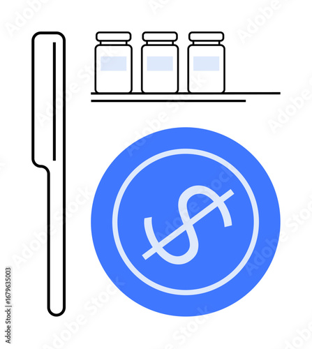 Medical jar trio on shelf, dollar-cross symbol, and scalpel visualizing healthcare cost reduction. Ideal for healthcare, affordability, budget, innovation, wellness, treatment awareness simple flat
