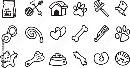 Doodle Style Pet Icons Collection Hand Drawn Pet Supplies and Animal Related Objects Vector Illustration