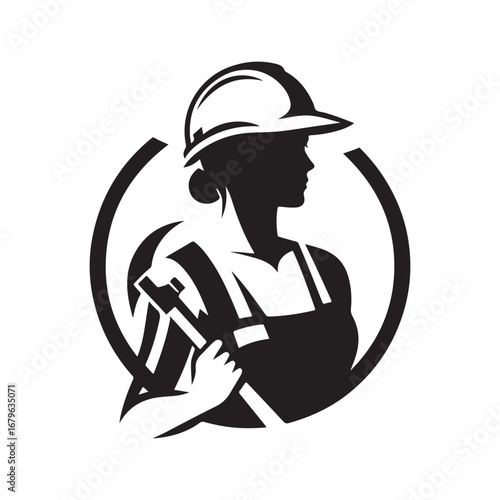 construction worker vector silhouette clip art logo design illustration. construction tools with worker icon set collections