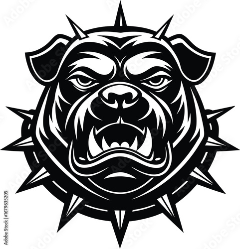 Vector art of aggressive bulldog with a spiked collar, a powerful and intimidating canine portrayed in a bold black and white graphic style, symbolizing strength and ferocity