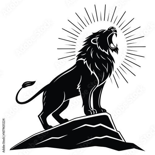 Lion roaring into glowing storm silhouette