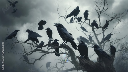 Ominous Gathering of Crows on a Gnarled Tree in Eerie Fog