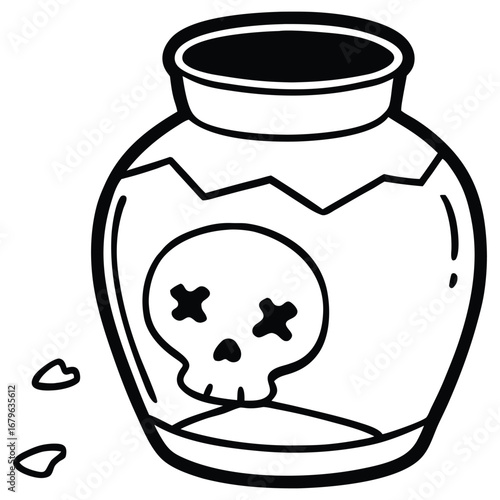 Cartoon illustration of a glass jar with a skull and crossbones symbol for poison. Witch jar with skull and broken glass