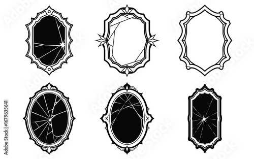 Collection of ornate vintage oval and elongated frames with cracked glass. Decorative Ornate Cracked Mirror Set Illustration