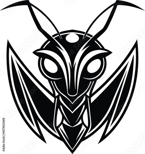 Vector art of stylized black and white tribal illustration of a praying mantis head, , suitable for logos and emblems