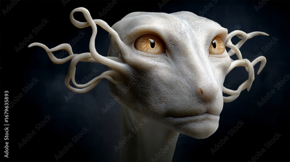 Naklejka premium Unique alien creature with elongated features and intricate tendrils, showcasing a captivating gaze with large amber eyes, set against a dark, atmospheric background, evoking a sense of mystery and in