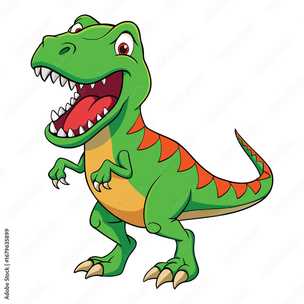 Fototapeta premium Happy cartoon Tyrannosaurus rex dinosaur roaring with open mouth and sharp teeth. Happy T-Rex Dinosaur Character Illustration