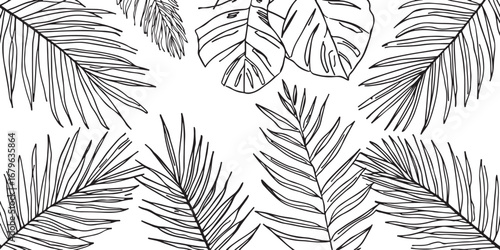 Elegant Tropical Leaves Black and White Seamless Pattern Background for Textile and Wallpaper Designs a Modern and Minimalist Aesthetic