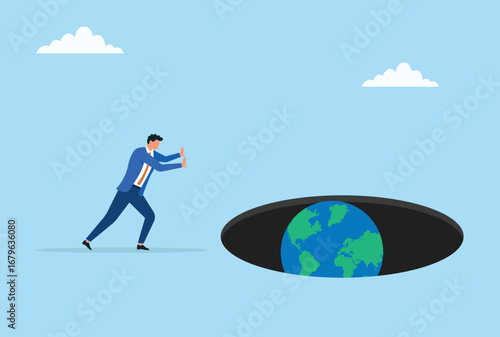 Vector illustration of a businessman pushing and dropping a globe into a dark hole, symbolizing global challenges, risks, setbacks, and the weight of heavy responsibility

