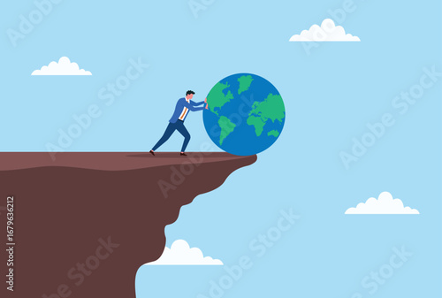 Vector illustration of a businessman trying to push a globe off a mountain, symbolizing struggle, determination, global challenges, effort, and high stakes responsibility
