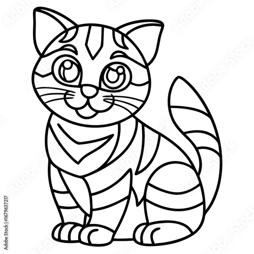 Cute cartoon cat illustration with stripes, outlined for coloring  
