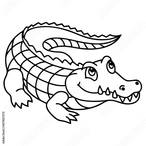 Cartoon crocodile character smiling in playful pose for coloring  
