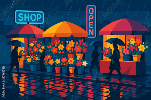 Colorful flower market under rain at night with shop open sign and people carrying umbrellas