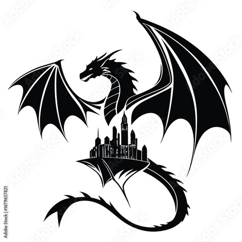 Dragon wings wrapping around shattered city silhouette