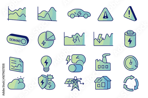 Energy management concepts illustrated through various icons representing graphs, vehicles, and sustainability tools