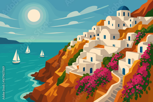 Santorini coastline with white buildings and sailing boats under a bright sun