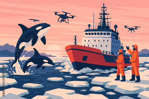 Scientists observe playful orcas while utilizing drones near an icebreaker in a polar region at sunset
