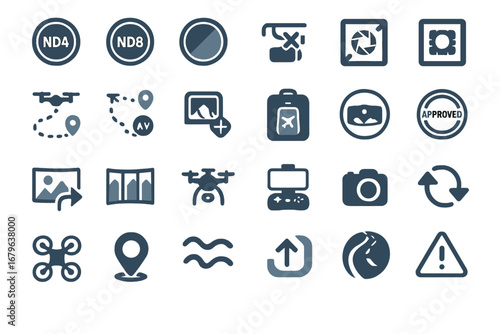 Icons representing drone photography and videography tools with various settings and approvals in a grid layout