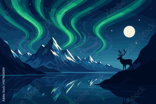 Nighttime northern lights illuminate a serene mountain landscape with a stag silhouette by the water