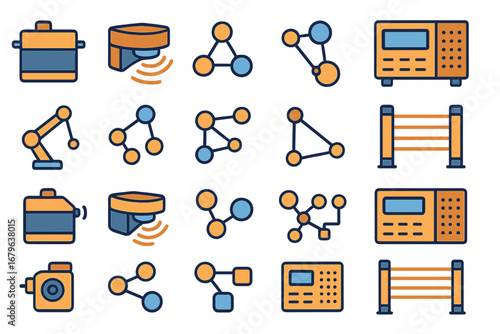 Icons representing technology and communication innovations in a modern design style suitable for digital applications and educational materials