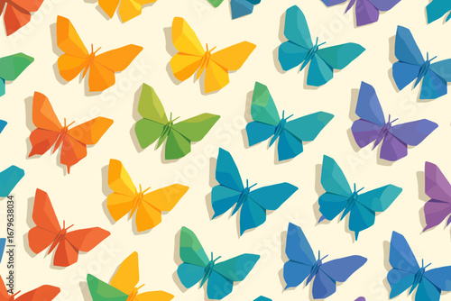 Colorful paper butterflies arranged in a patterned display on a light background