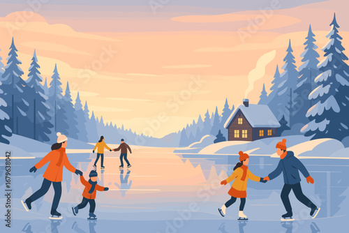 Family and friends enjoy ice skating and winter activities at a serene lake during sunset near a cozy cabin