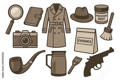 Collection of detective tools and evidence items for solving mysteries in a vintage crime scene setting