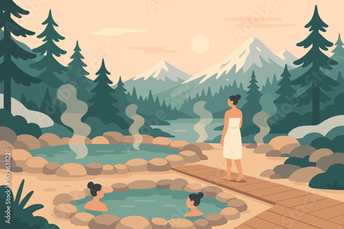 Relaxing hot springs experience in a serene mountain setting during sunset
