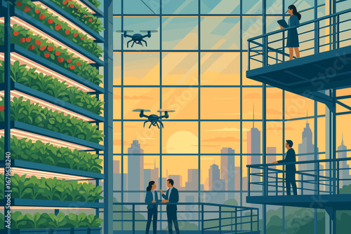 High-tech urban farming in a greenhouse with drones monitoring plants at sunset
