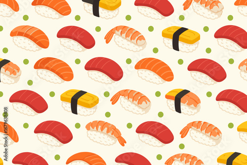 Colorful assortment of sushi types on a light background creating a vibrant pattern perfect for food lovers
